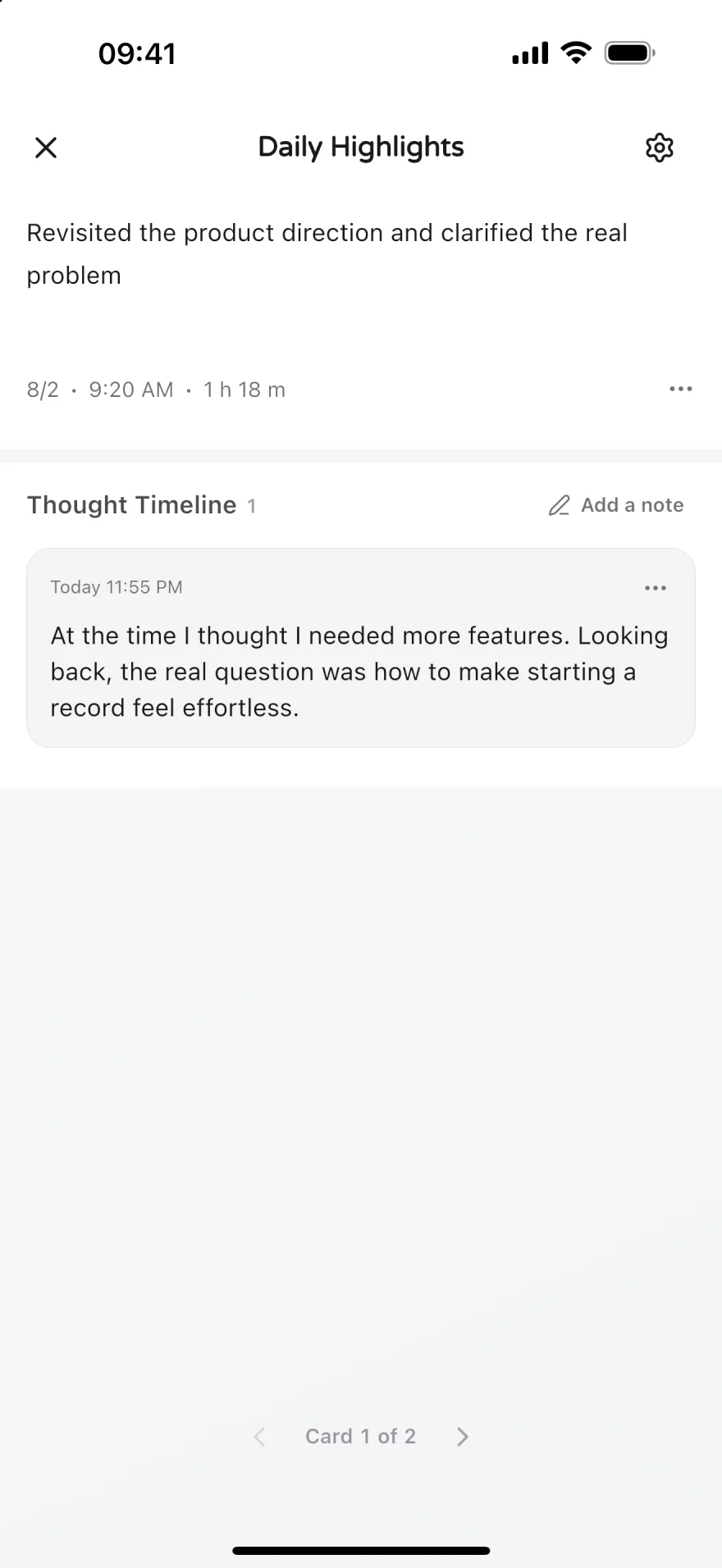 Knoself Daily Highlights showing a past time record and a new reflection added to its thought trail