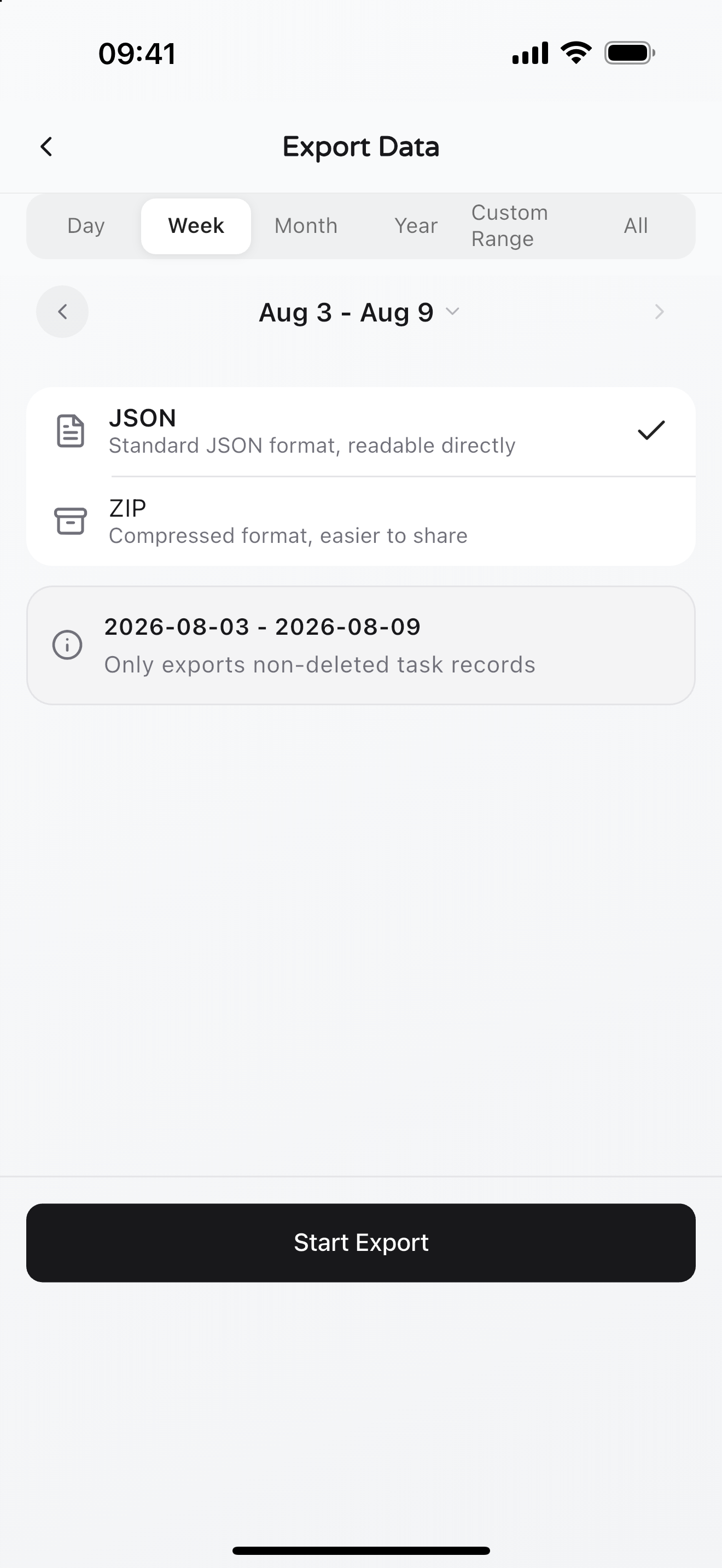 Knoself data export page with a date range and JSON or ZIP format options