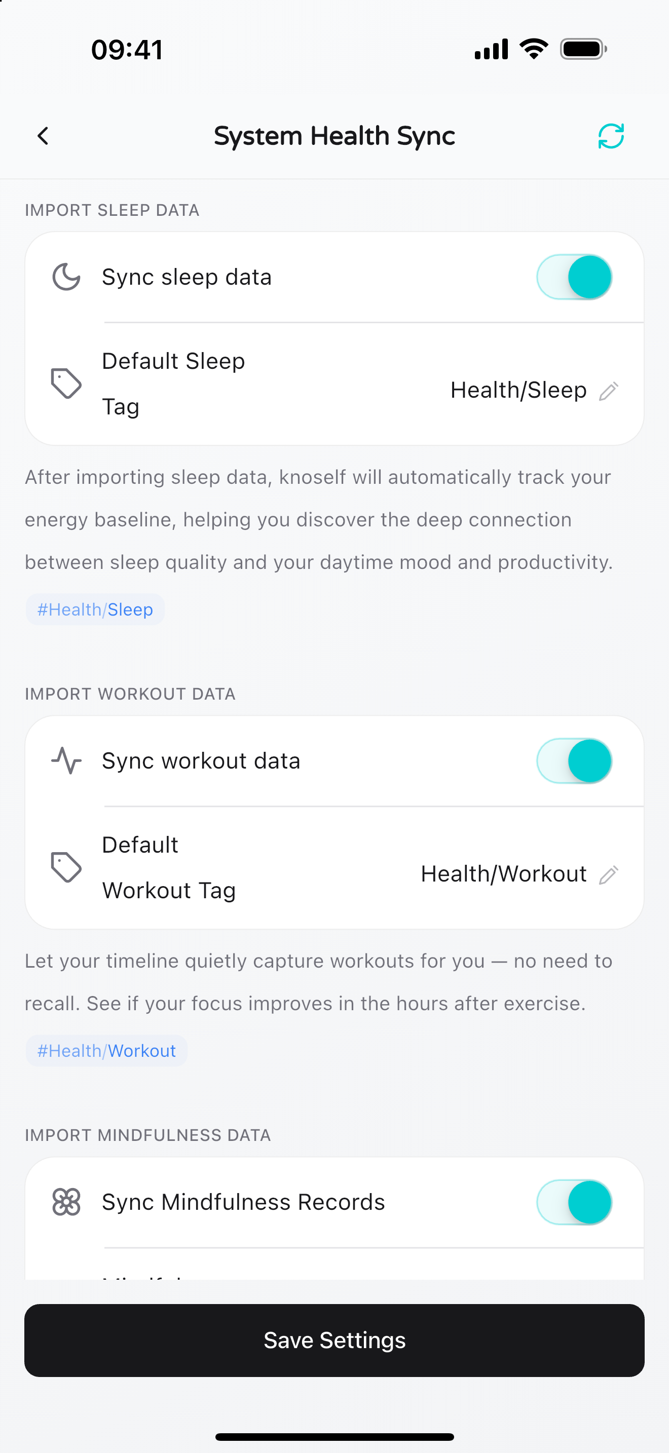 Knoself Health Import settings for sleep, workouts, mindfulness, and default tags