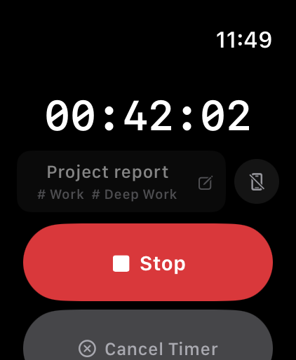 Knoself Apple Watch timer showing the current activity, elapsed time, finish, and cancel controls