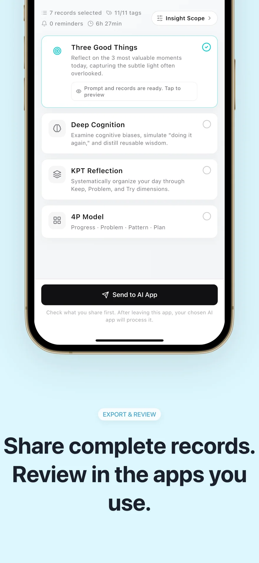 Choosing Three Good Things, KPT, or 4P review methods in Knoself before sending to an AI app